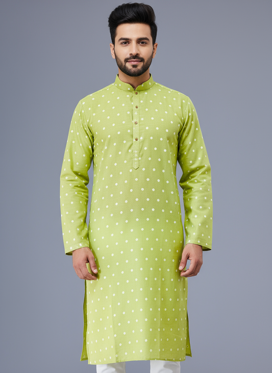 Printed Cotton Mens Long Kurta- Pastel Green
