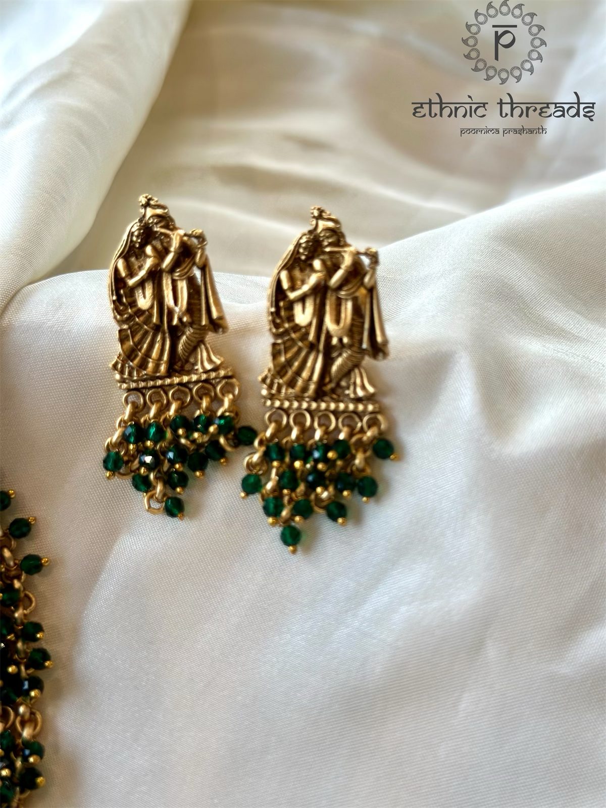 Radha & Krishna Antique Temple Necklace set - Emerald Green