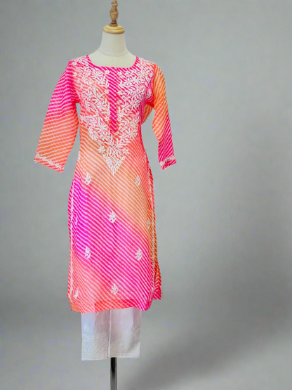 Chikankari Long Kurta In Kota - Orange