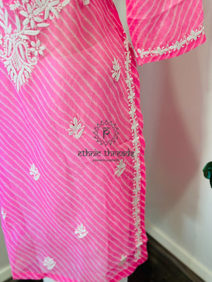 Chikankari Long Kurta In Kota - Pink
