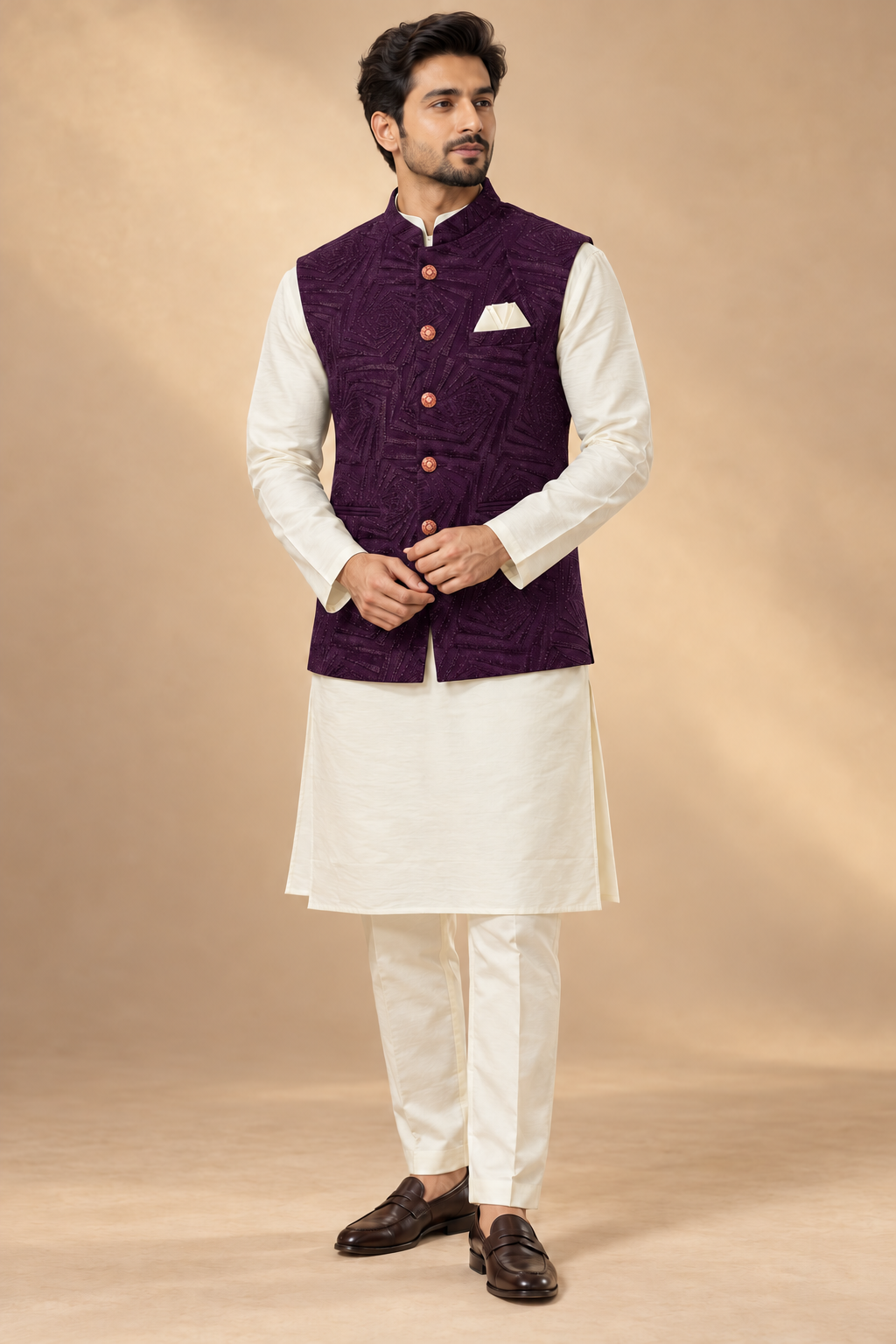 Cream Kurta with Deep Purple Jacket Set