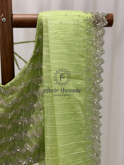 Pastel Green Zardozi Hand Embroidered Saree And Blouse