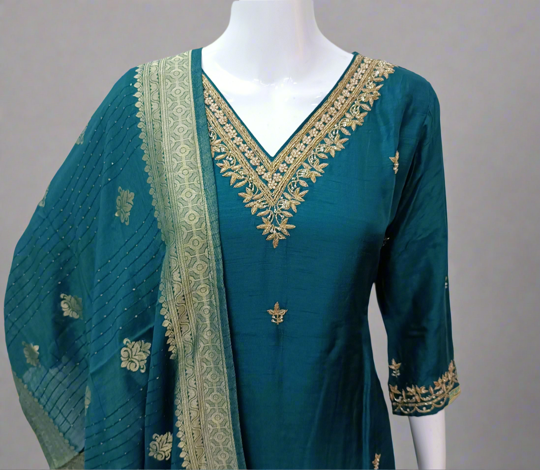 Teal Silk Salwar Set with Zardosi , V-Neck, and Three-Quarter Sleeves