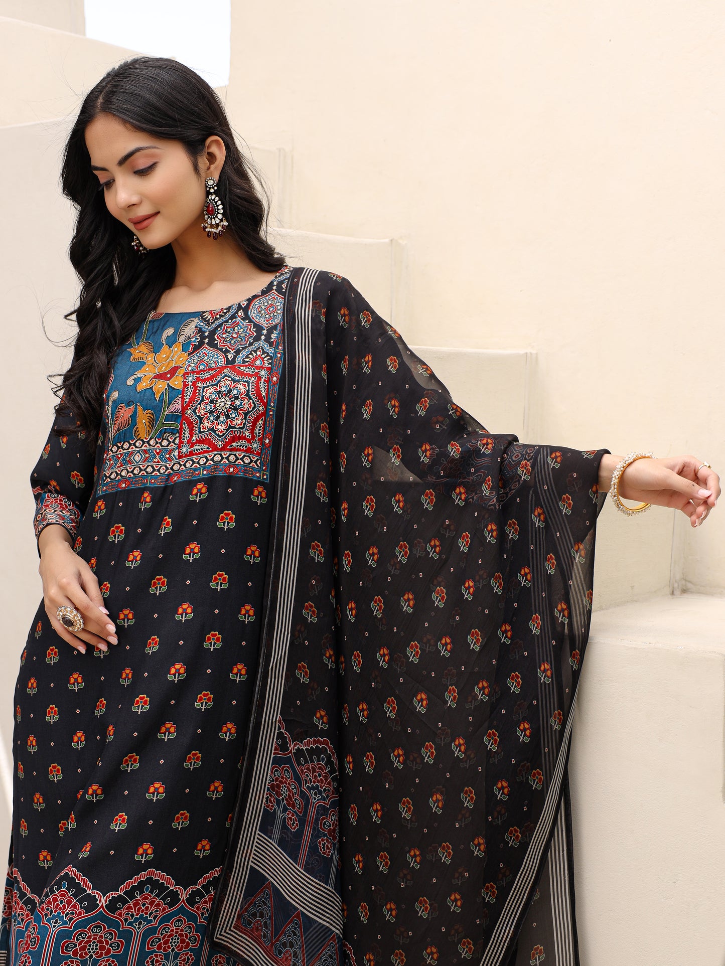 Black Printed Silk Salwar Set with Zardosi , U-Neck, and Three-Quarter Sleeves