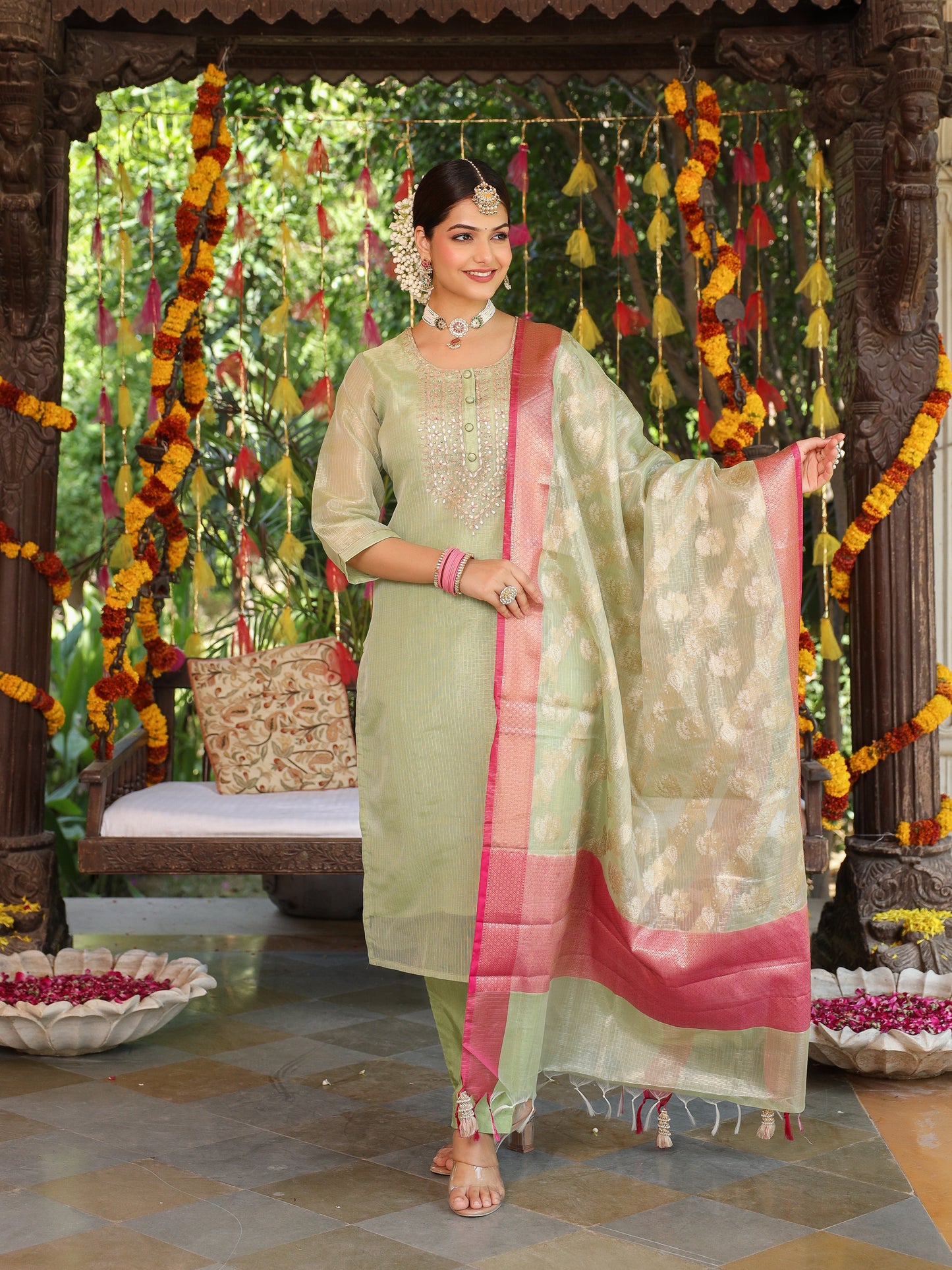 Pastel Green Tissue Silk Salwar Set with Zardosi , and Three-Quarter Sleeves