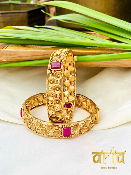 Golden Kada Bangles - Ruby Red