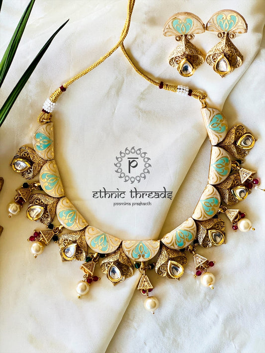 Antique Matt Gold Meenakari Necklace Set