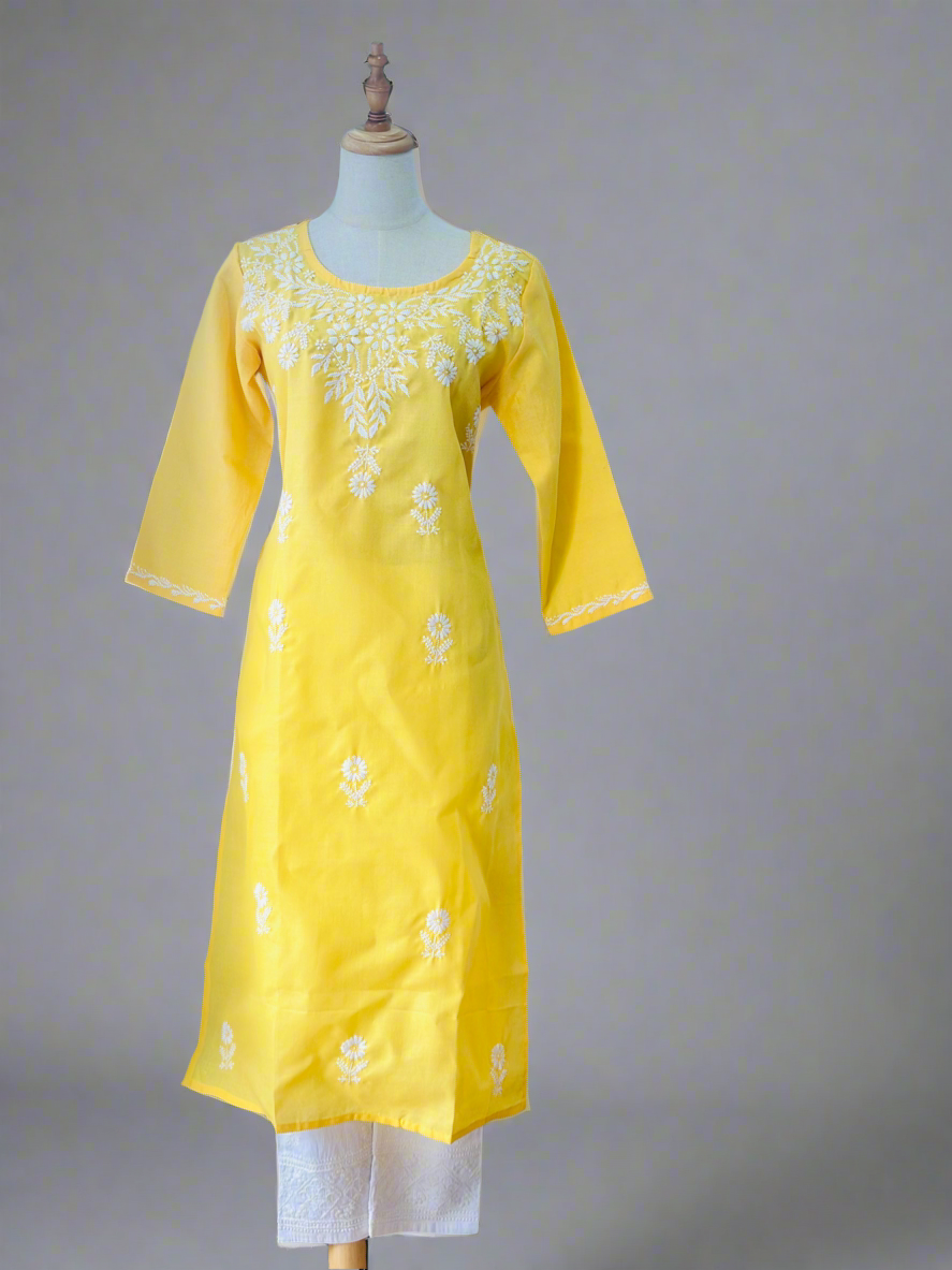Chikankari Long Kurta In Cotton - Yellow