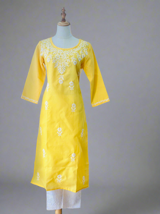 Chikankari Long Kurta In Cotton - Yellow