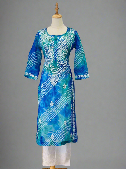 Chikankari Long Kurta In Kota - Blue