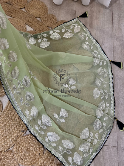 Pastel Green  Embroidered Saree And Blouse