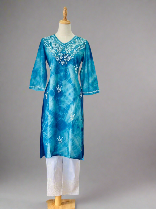 Chikankari Kurta In Tie-Dye Silk Cotton -Teal/Blue