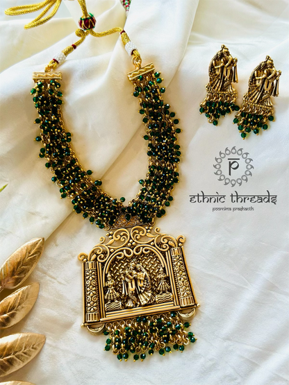 Radha & Krishna Antique Temple Necklace set - Emerald Green