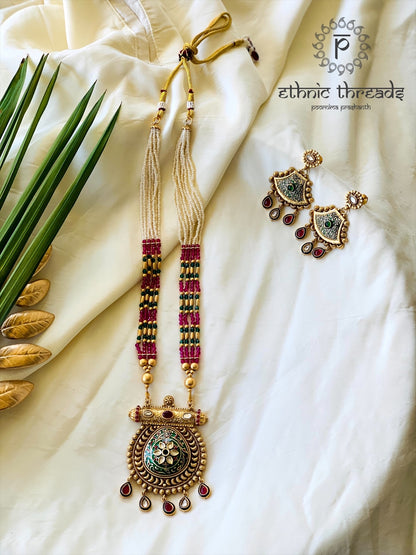 Temple Long Necklace Meenakari Kundan Set- Ruby & White Stones