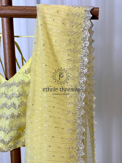 Lemon Yellow Zardozi Hand Embroidered Saree And Blouse