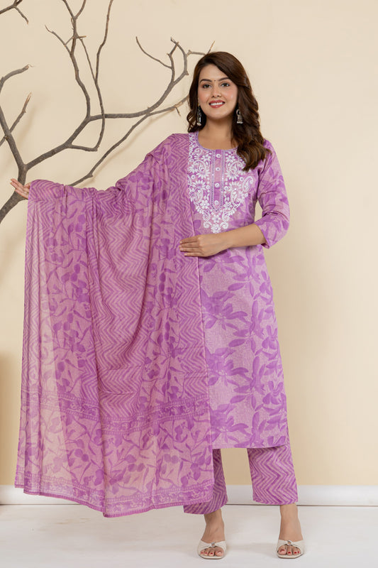 Lavender Cotton Printed Suit Set