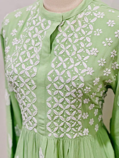 Lucknowi Chikankari  Cotton Women's Flared Short Kurta - Mint Green