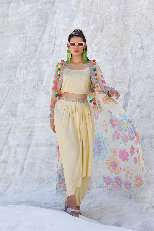 Cream Crop top with Skirt & Floral  Shrug