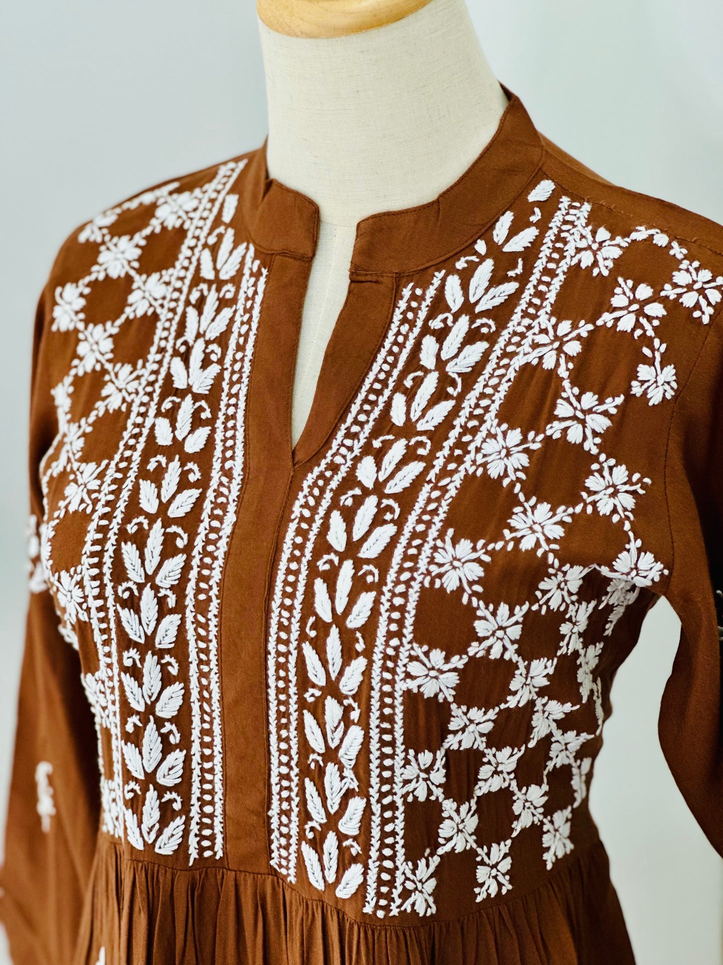 Lucknowi Chikankari  Cotton Women's Flared Short Kurta - Brown