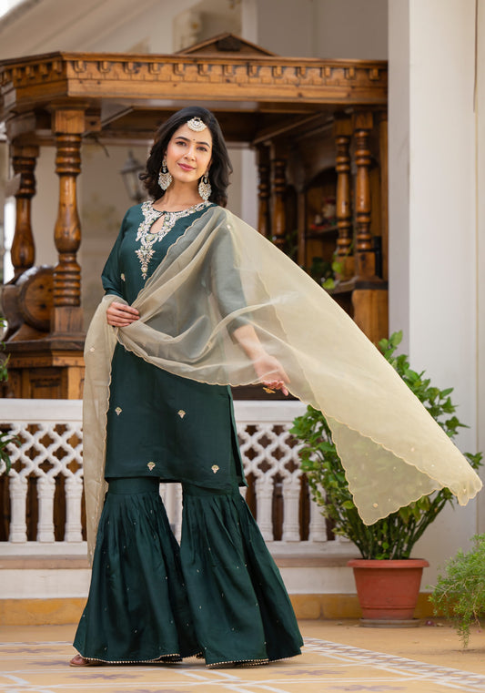 Bottle Green Gharara Set with Zardosi , and Three-Quarter Sleeves