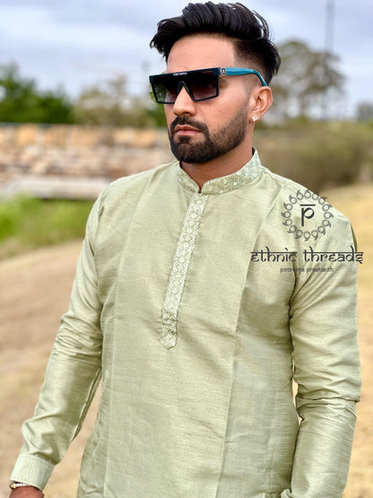 Raw Silk Mens Long Kurta with Embroidery Jacket