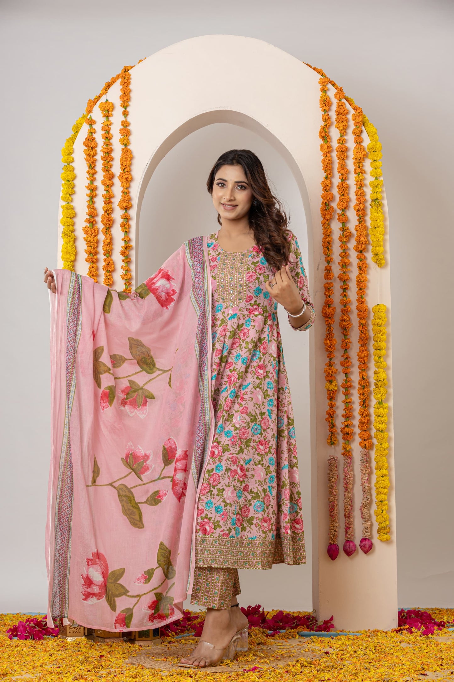 Pink Handblock Cotton Anarkali Set