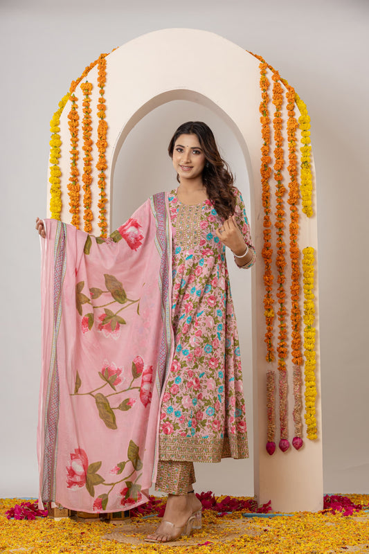 Pink Handblock Cotton Anarkali Set