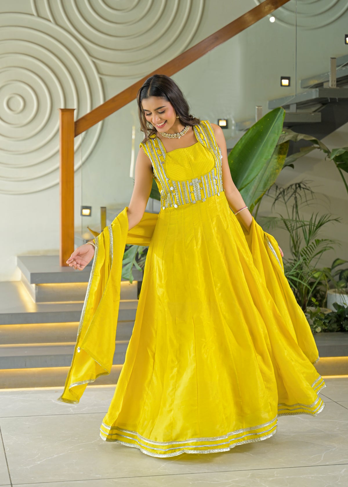 Mustard Yellow Embellished Anarkali Gown Set