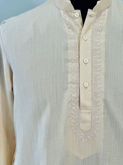 Cotton Mens Long Kurta- Cream