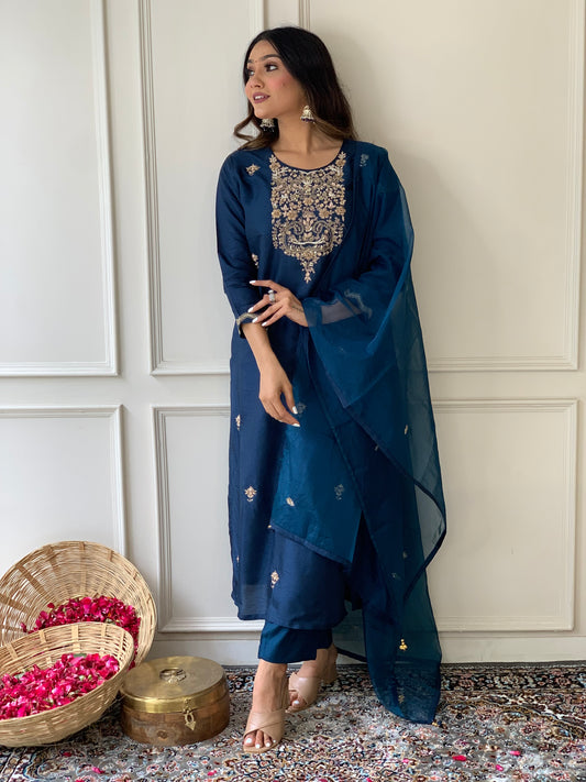 Teal Blue  Silk Salwar Set with Zardosi , U-Neck, and Three-Quarter Sleeves