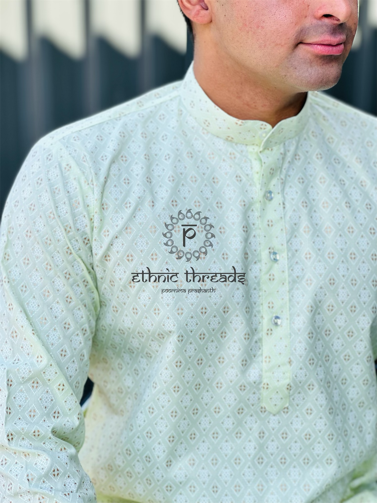 Printed Cotton Mens Long Kurta- Mint Green