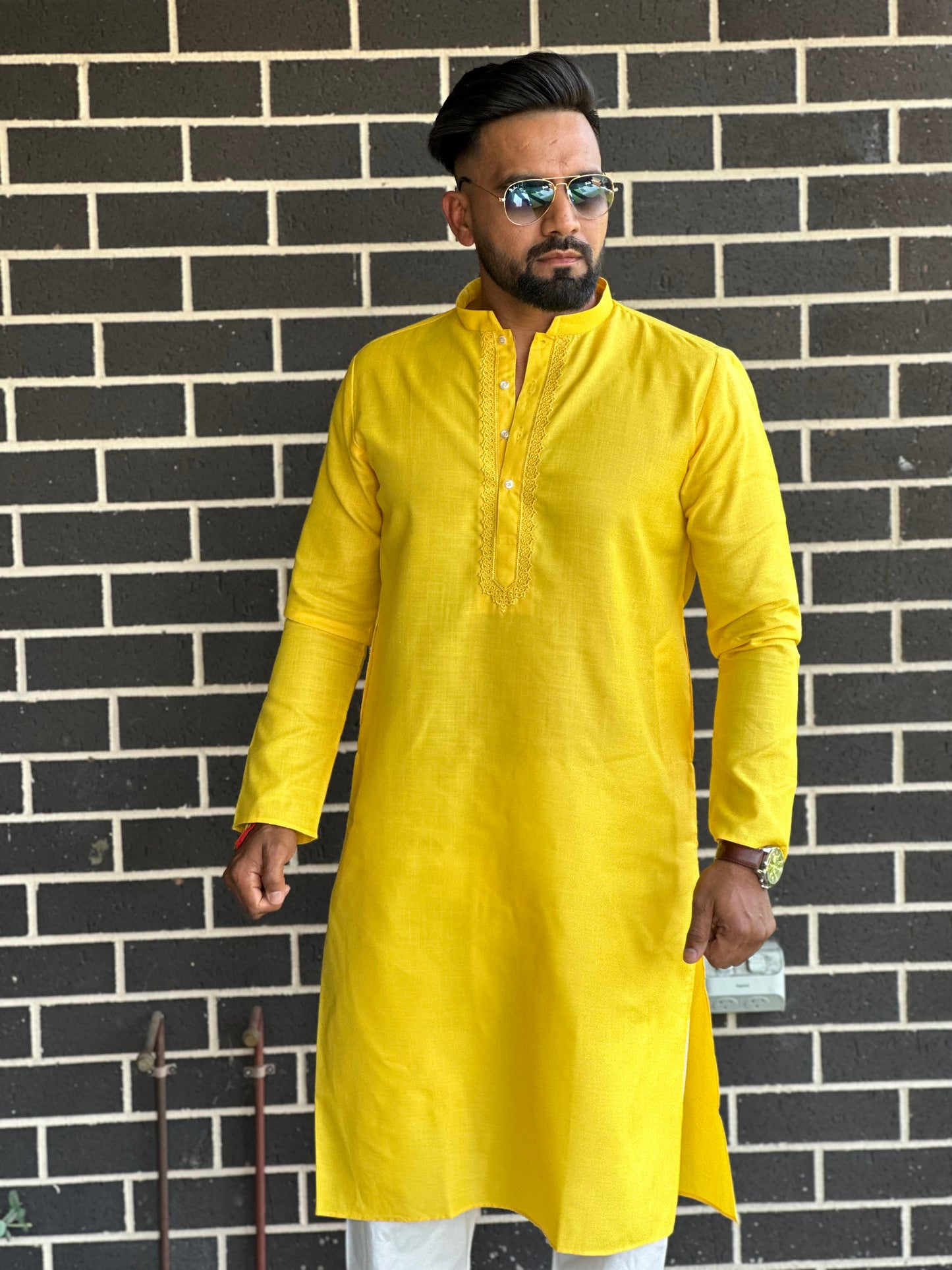 Cotton Mens Long Kurta- Yellow