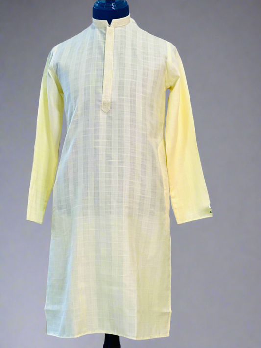 Cotton Mens Long Kurta- Lemon Yellow