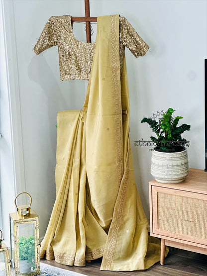 Gold Glossy Soft Tissue  Saree And Blouse