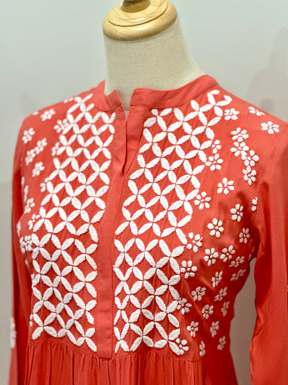 Lucknowi Chikankari  Cotton Women's Flared Short Kurta - Peach