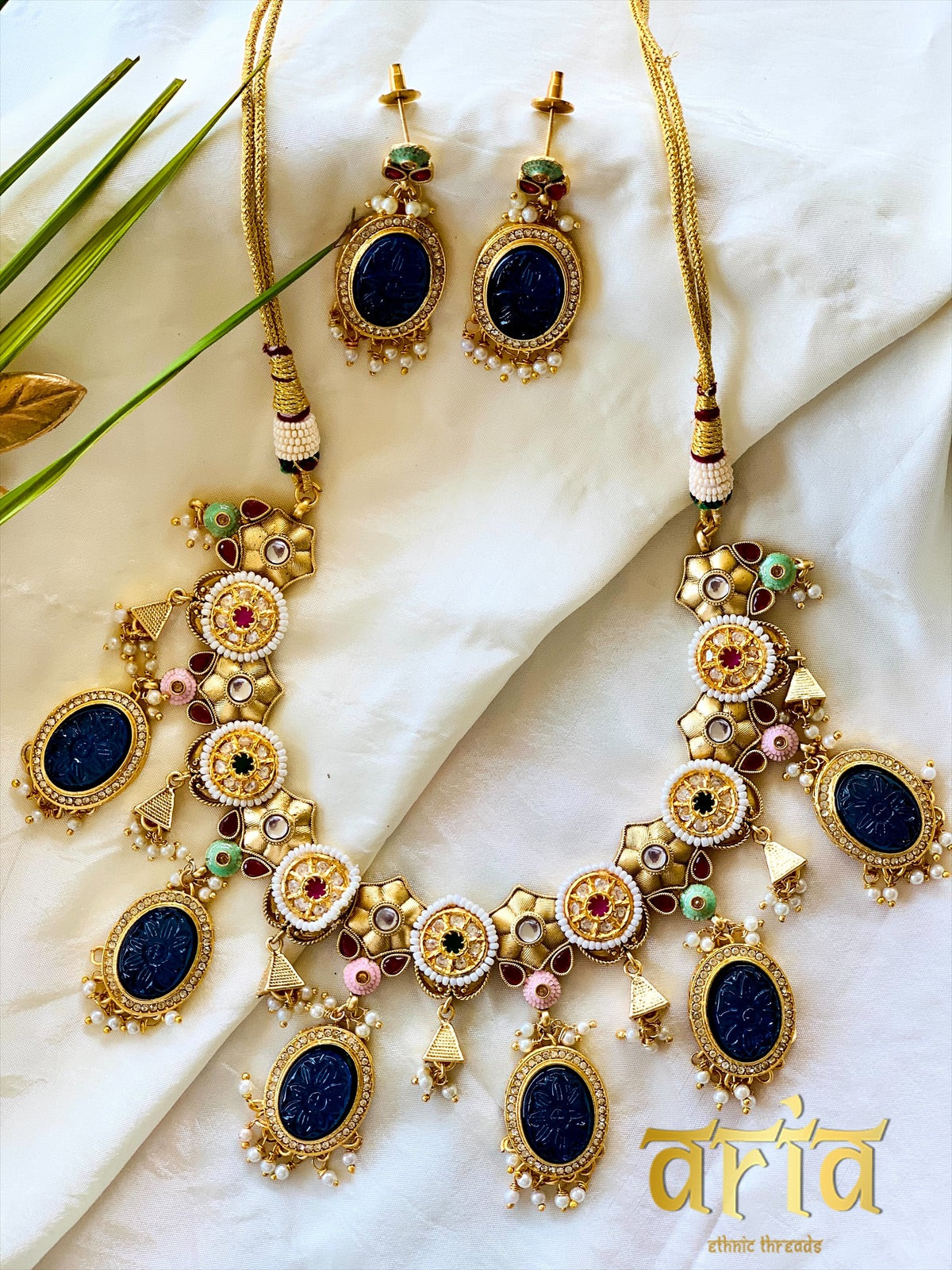 Victorian Style Matt Gold Kundan Necklace Set with Precious Stones- Blue Stones