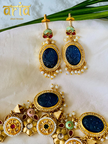 Victorian Style Matt Gold Kundan Necklace Set with Precious Stones- Blue Stones