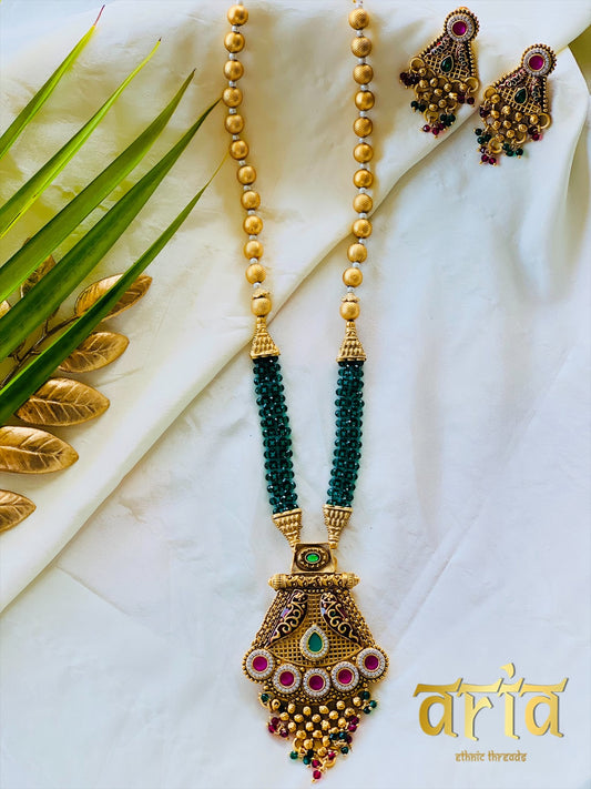 Temple Long Necklace Meenakari Kundan Set- Emerald & White Stones