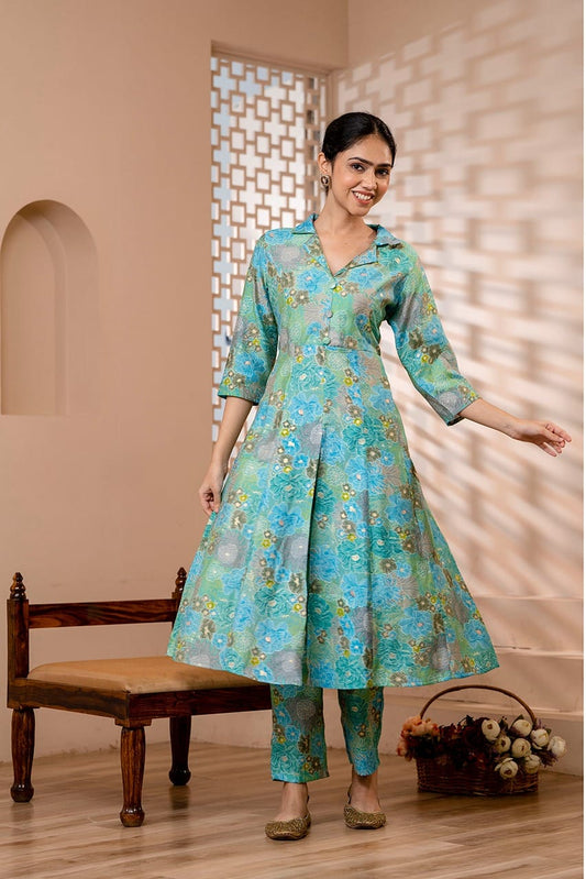 Blue Printed Cotton Tunic Top & Salwar Set