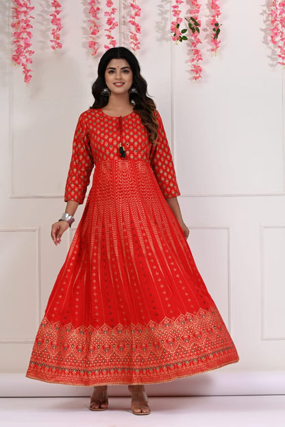 Red Cotton Printed Anarkali Style Kurti