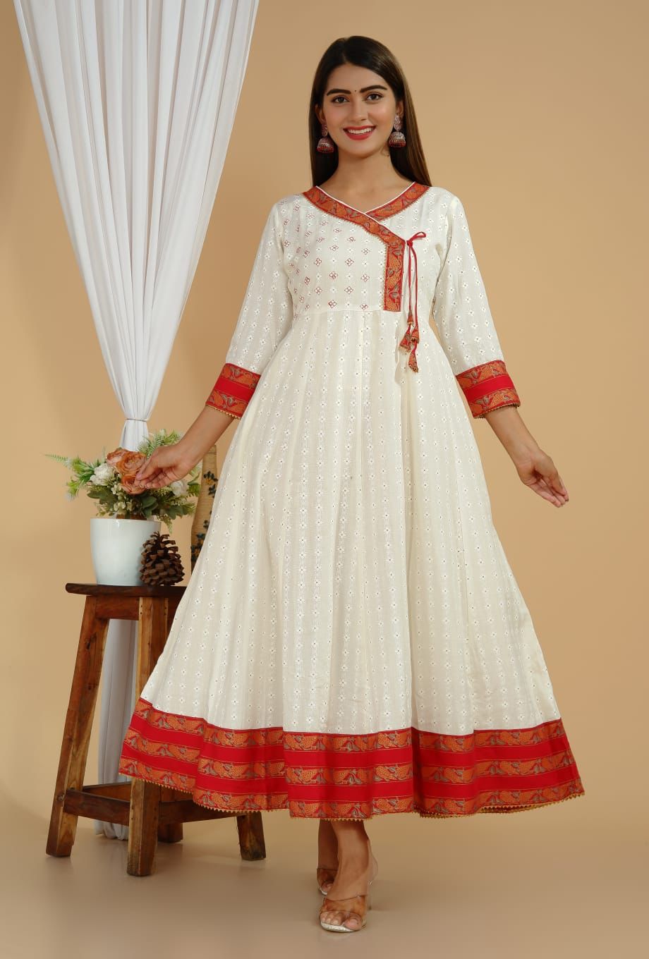 White Embroidered Cotton Anarkali Style Kurti