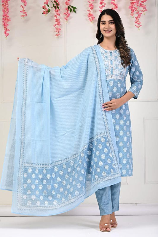 Blue Printed Cotton Salwar Set