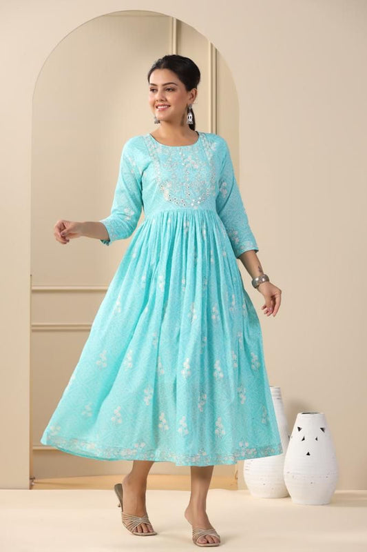 Sky Blue Embroidered Cotton Anarkali Style Kurti