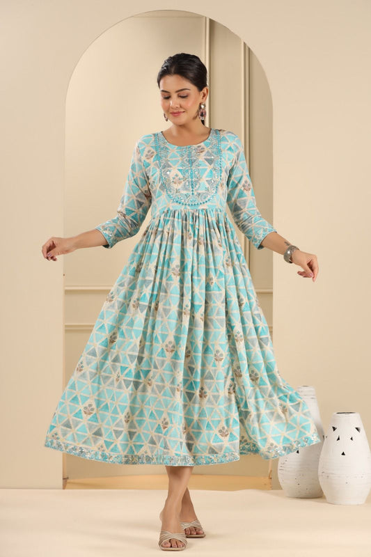 Blue Embroidered Cotton Anarkali Style Kurti