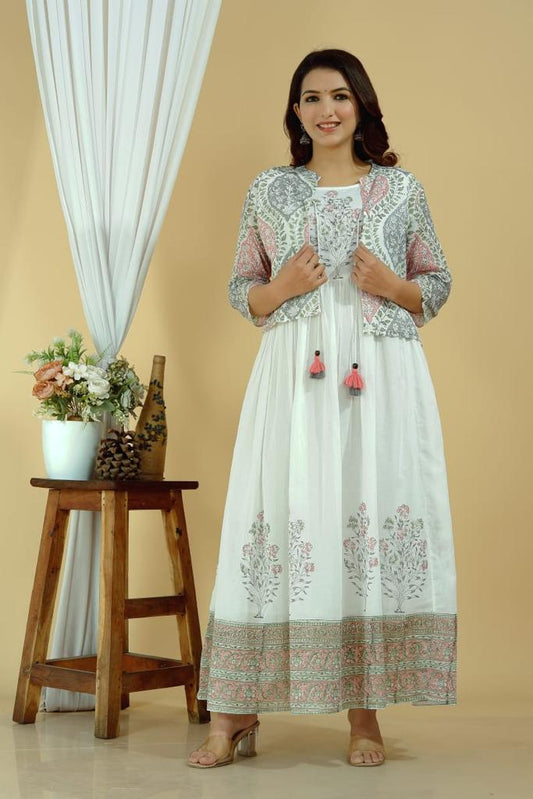 White Printed Cotton Anarkali with Jacket