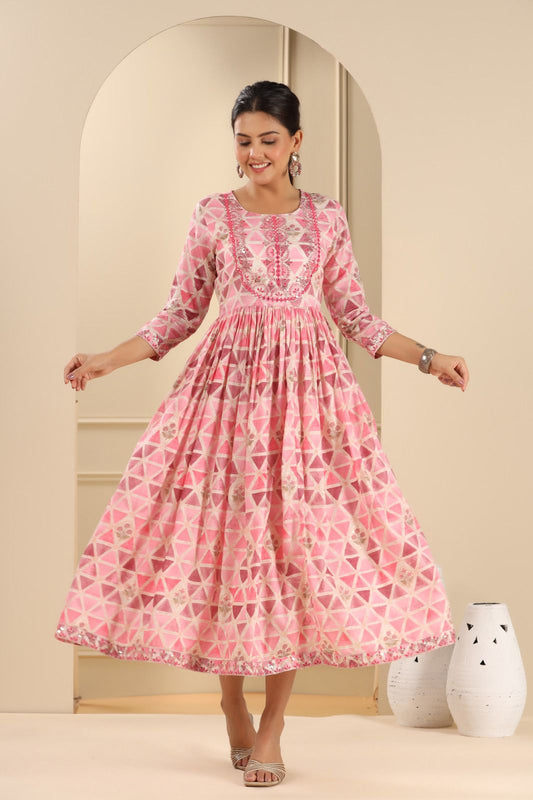 Pink Embroidered Cotton Anarkali Style Kurti