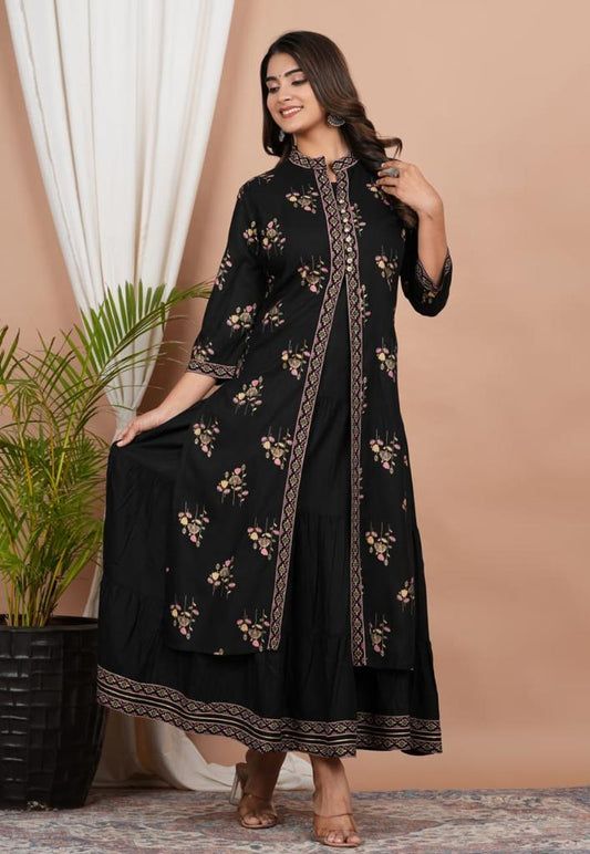 Black Printed Double Layered Cotton Anarkai Kurta with Jacket