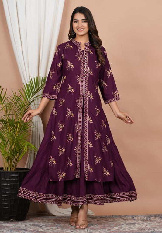 Purple Printed Double Layered Cotton Anarkai Kurta with Jacket