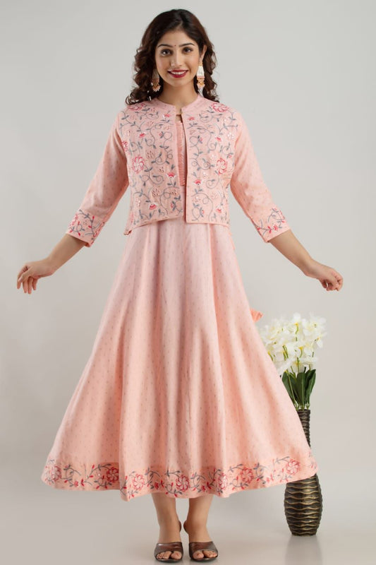 Pink Embroidered Cotton Anarkali with Jacket