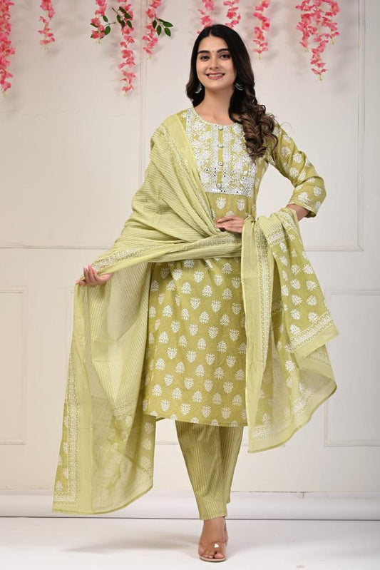 Olive Green Printed Cotton Salwar Set